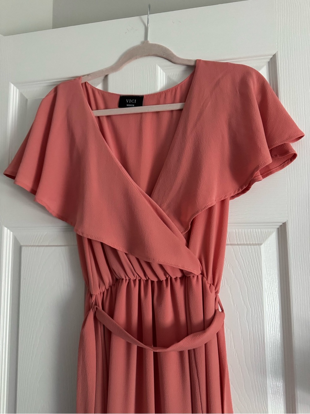 Vici Coral Pink Wrap Maxi Dress with Waist Tie - Picture 2 of 4